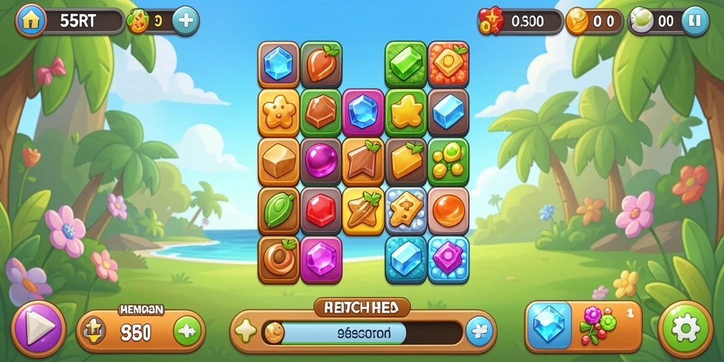 Screenshot gameplay <strong>55RT</strong> menampilkan aksi mencocokkan permata berwarna.