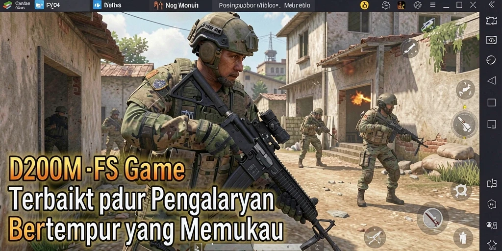 Tampilan gameplay D200M dengan aksi pertempuran FPS yang mendebarkan.