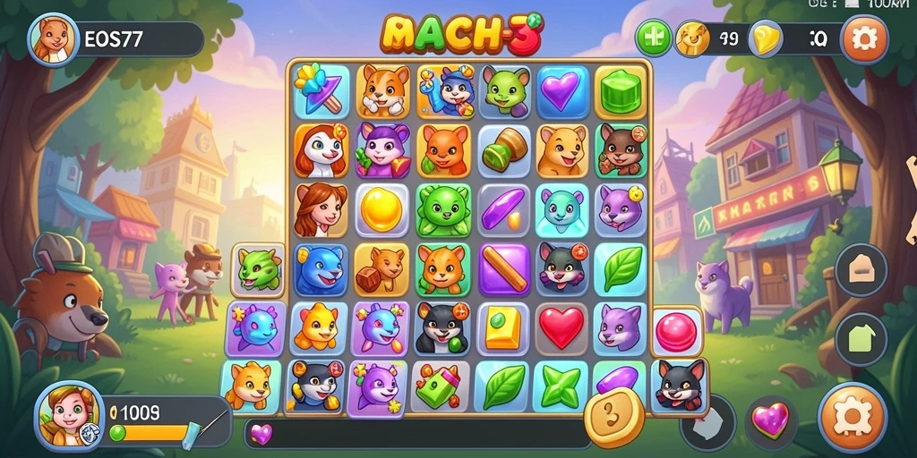 Tampilan screenshot utama EOS77 menunjukkan serunya gameplay Match-3 yang adiktif.
