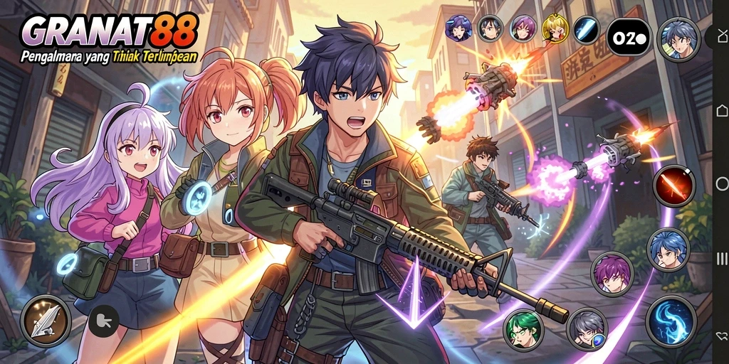 Screenshot gameplay dari GRANAT88 yang menampilkan karakter anime yang beraksi.