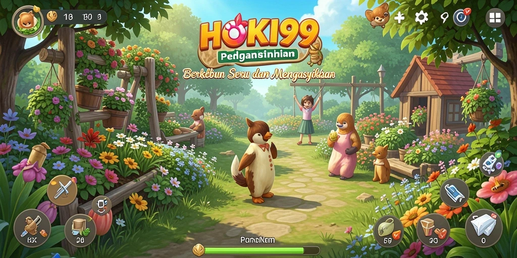 Tampilan gameplay seru di HOKI99 dengan taman yang subur.