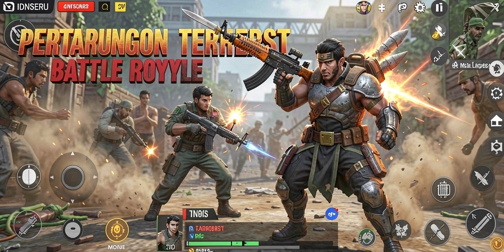 Screenshot utama IDNSERU menunjukkan aksi mendebarkan di Battle Royale.
