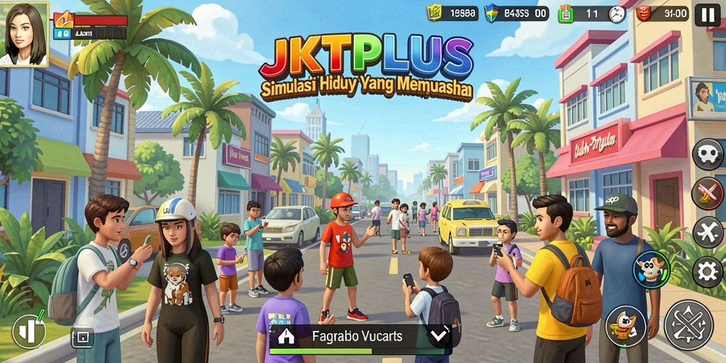 Screenshot gameplay JKTPLUS dengan karakter yang berinteraksi dalam lingkungan virtual.