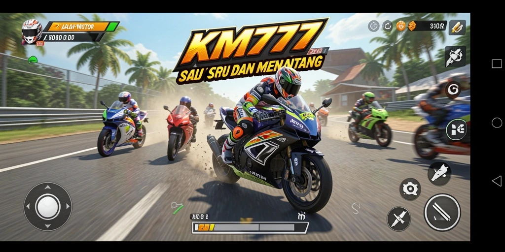 Tampilan gameplay <strong>KM777</strong> yang penuh aksi dan kecepatan balap motor.