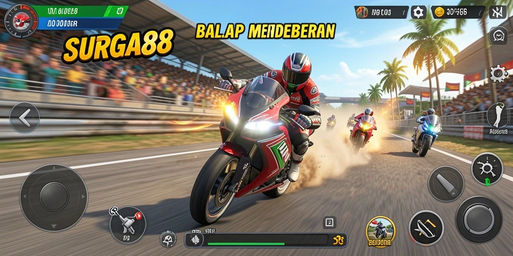 Screenshot SURGA88 menunjukkan aksi balap motor yang seru dan grafis memukau.