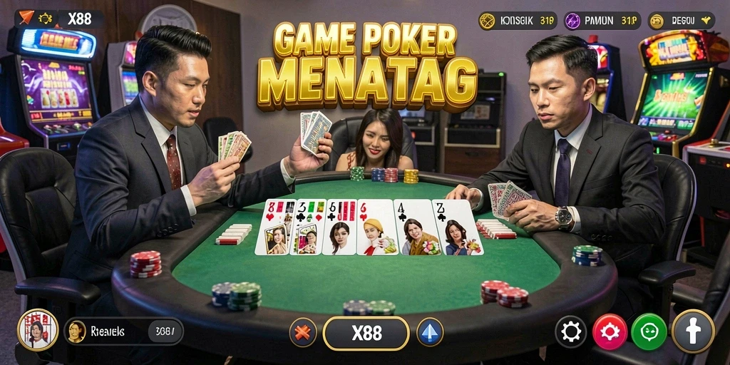 Screenshot utama X88 menampilkan aksi seru permainan Poker yang mendebarkan.